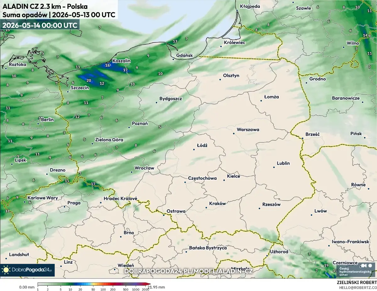 ALADIN CZ 2.3 km precipitation forecast for Poland, valid 2026-05-14 00:00 UTC