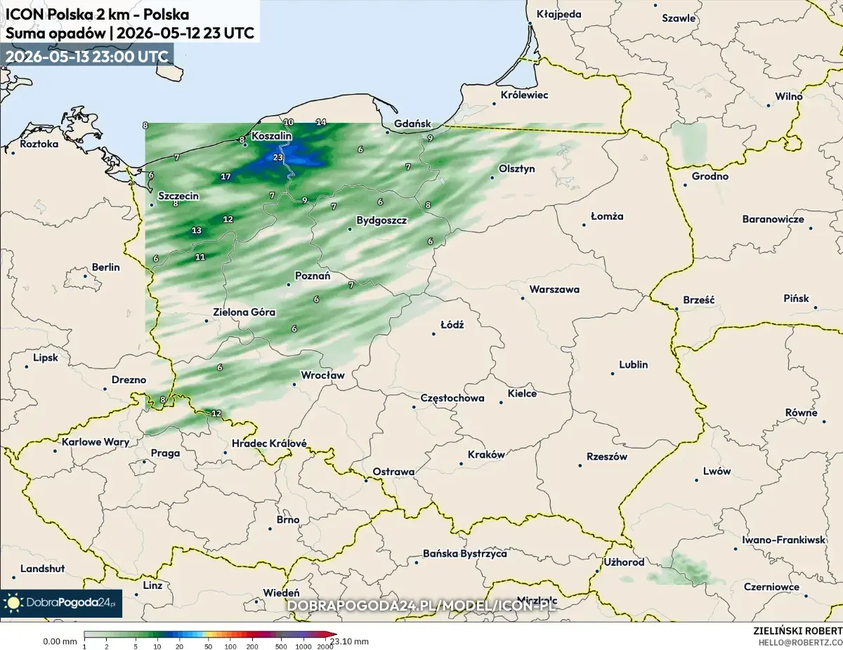 Local ICON-LAM Poland 2 km precipitation forecast, cycle 2026-05-12 23 UTC, valid 2026-05-13 23:00 UTC